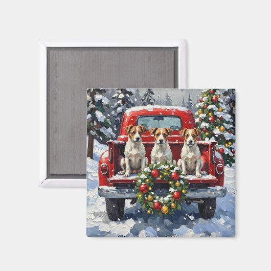 Jack Russell Terrier Christmas Red Truck Holiday マグネット (正面/裏面)