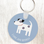 Jack Russell Terrier Dog Custom Text キーホルダー<br><div class="desc">An adorable Jack Russell or Parson Terrier dog on a blue background.
Perfect for your favorite dog mom or dog dad.
Change or remove the text to customize.</div>