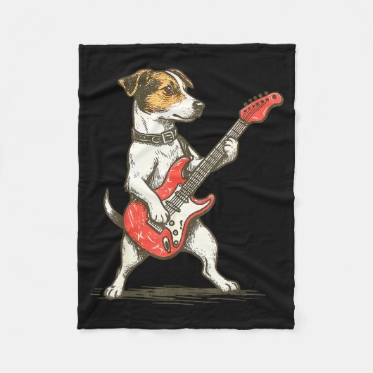 Jack Russell Terrier Dog Playing Guitar Rocker Gui フリースブランケット (正面)