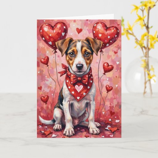 Jack Russell Terrier Valentine Dog Sitting カード (黄色い花)