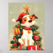 Jack Russell Terrier with Christmas Tree and Gifts ポスター (正面)