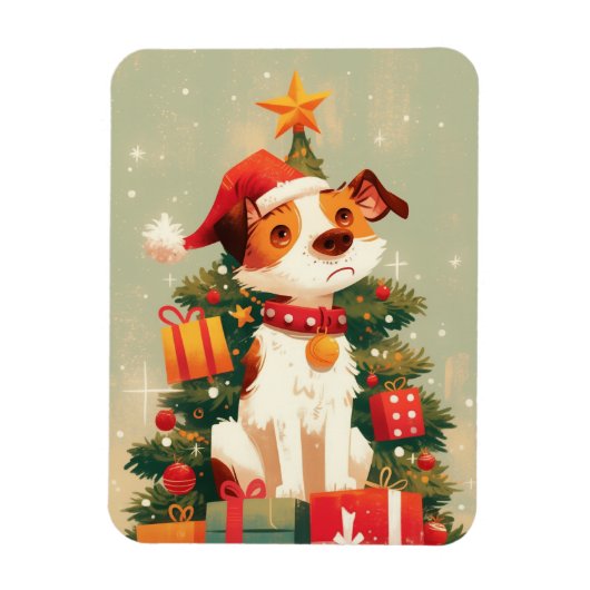 Jack Russell Terrier with Christmas Tree and Gifts マグネット (縦)