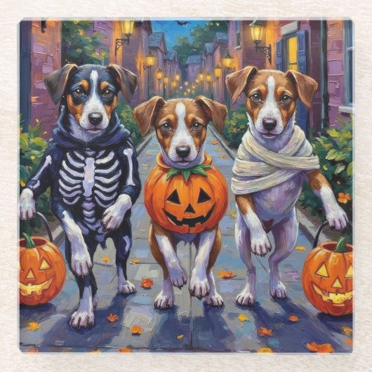 Jack Russell Trick-or-Treating Halloween Costumes ガラスコースター (正面)