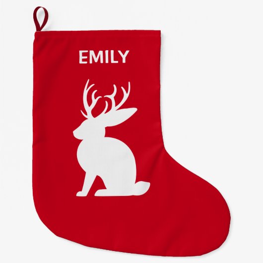 Jackalope: シルエットの(雄ジカの)枝角を搭載するウサギ ラージクリスマスストッキング (正面)