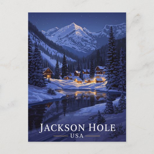Jackson Hole Winter Night Snowy ポストカード (正面)