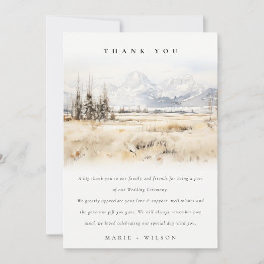 Jackson Hole Wyoming Watercolor Landscape Wedding サンキューカード (正面)