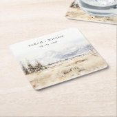 Jackson Hole Wyoming Watercolor Landscape Wedding スクエアペーパーコースター (アングル)