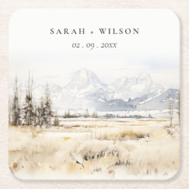 Jackson Hole Wyoming Watercolor Landscape Wedding スクエアペーパーコースター