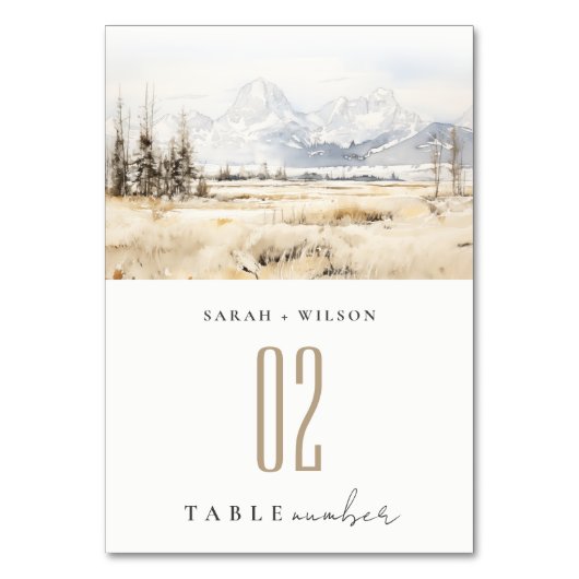 Jackson Hole Wyoming Watercolor Landscape Wedding テーブルナンバー (正面)