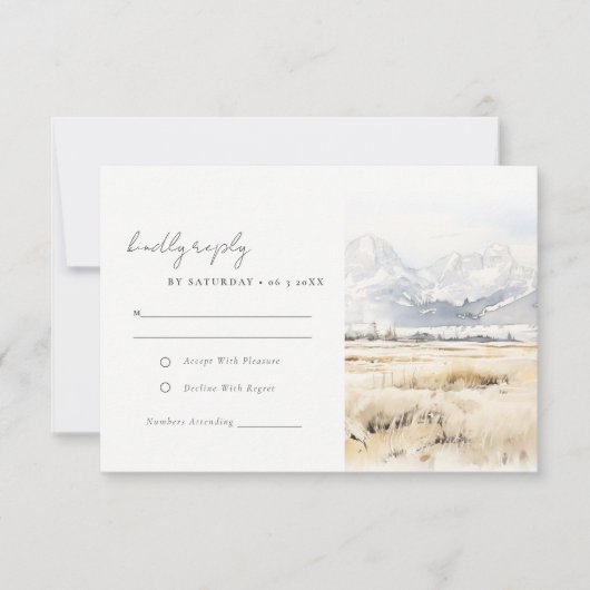 Jackson Hole Wyoming Watercolor Landscape Wedding 出欠カード (正面)