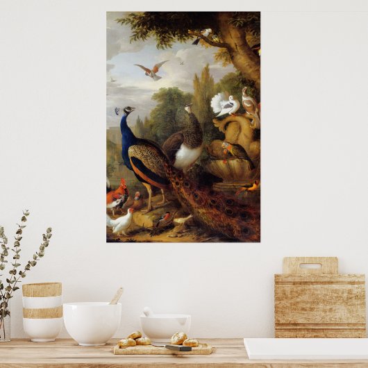 Jacob Bogdani Peacock Peahen Parrots Canary    ポスター (キッチン)