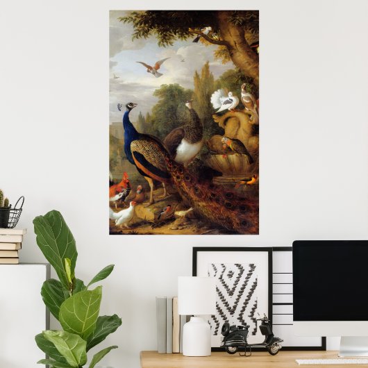 Jacob Bogdani Peacock Peahen Parrots Canary ポスター (ホームオフィス)