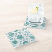 JacobeanフローラLgパターンティール（緑がかった色）オン白 ガラスコースター (アングル)