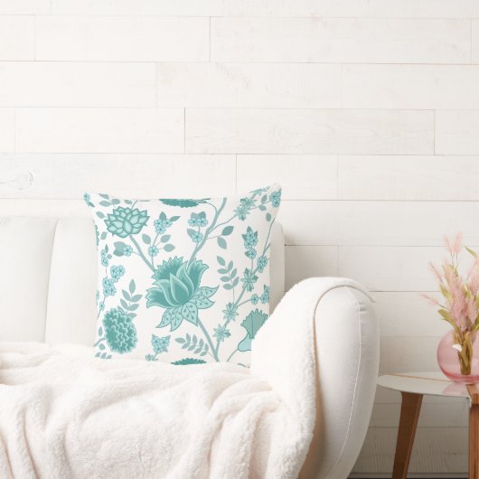 JacobeanフローラLgパターンティール（緑がかった色）オン白 クッション (ソファ)