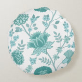 JacobeanフローラLgパターンティール（緑がかった色）オン白 ラウンドクッション (裏面)