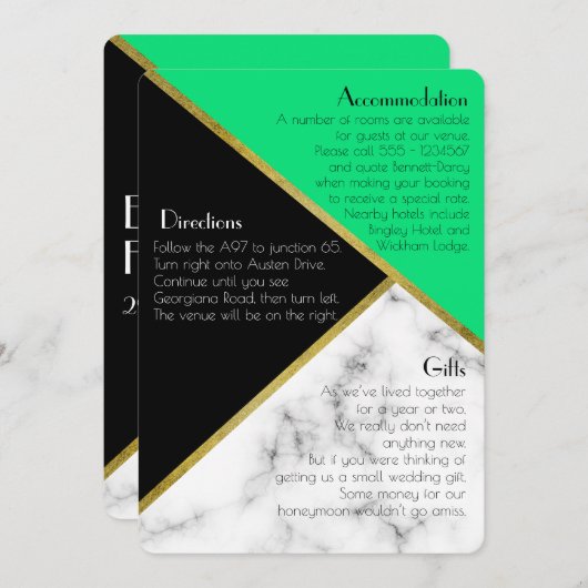 Jade Greenアールデコ結婚の追加情報 招待状 (正面/裏面)