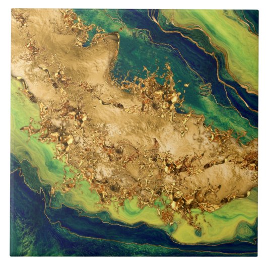 Jade Green and Bronze Gold Abstract タイル (正面)