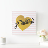 J'adoreの引用文|の黒及び金ゴールドのハート スクエア壁時計 (ホーム)