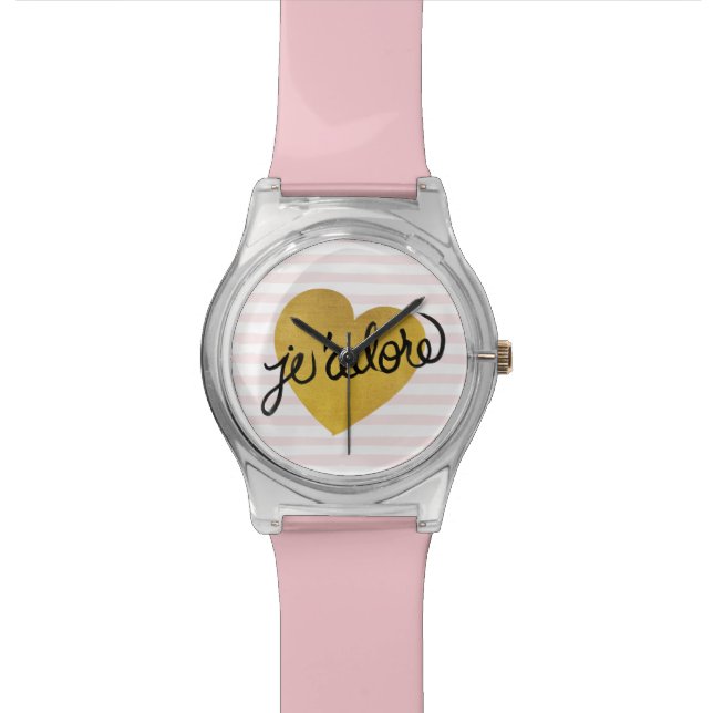 J'adoreの引用文|の黒及び金ゴールドのハート 腕時計 (ディテール)