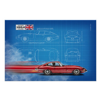 Jag E-Type Coupe Blueprint ポスター