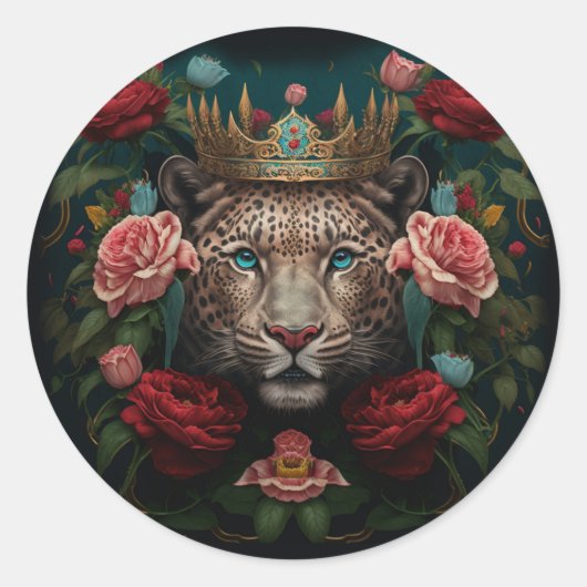 Jaguar with Crown in Flowers Painting              ラウンドシール (正面)