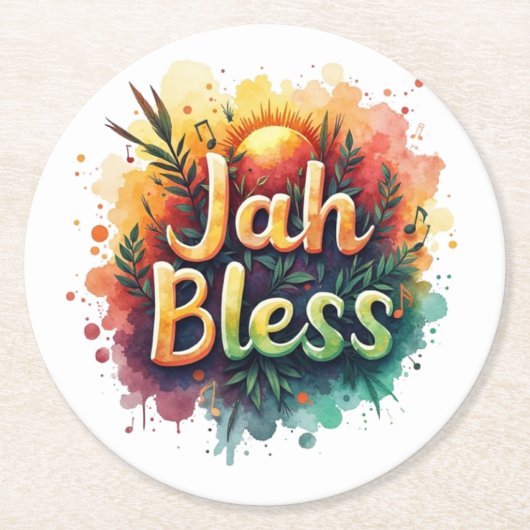 Jah Bless Reggae Watercolor ラウンドペーパーコースター (正面)