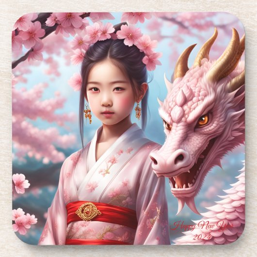 Jahr des Drachen 2024 - Mädchen zwischen Kirschblü コースター (正面)