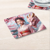 Jahr des Drachen 2024 - Mädchen zwischen Kirschblü スクエアペーパーコースター (アングル)