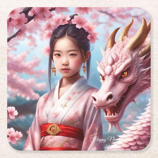 Jahr des Drachen 2024 - Mädchen zwischen Kirschblü スクエアペーパーコースター (正面)