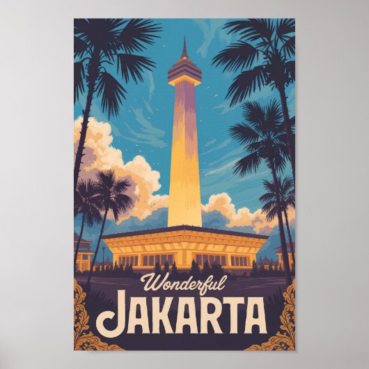 Jakarta Indonesia Illustration Travel Art Vintage ポスター (正面)