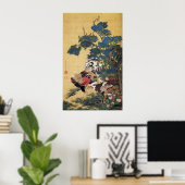Jakuchu, Rooster and Hen with Hydrangeas Posters ポスター (ホームオフィス)