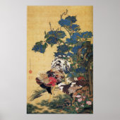 Jakuchu, Rooster and Hen with Hydrangeas Posters ポスター (正面)