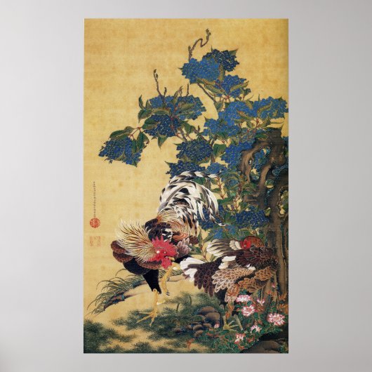 Jakuchu, Rooster and Hen with Hydrangeas Posters ポスター (正面)