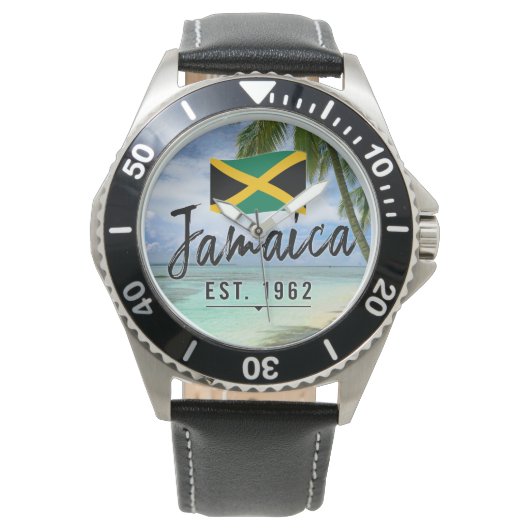 "Jamaica Est. 1962" Beach With Jamaica Flag Art 腕時計 (正面)