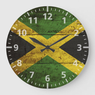 Jamaica Flag on Old Wood Grain ラージ壁時計