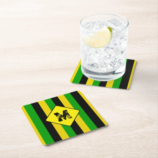 Jamaican Flag Colored Striped Monogram Bar スクエアペーパーコースター (インサイチュ)