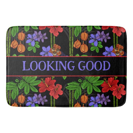 Jamaican Jungle Tropical Flowers and Fruit Black バスマット (正面)