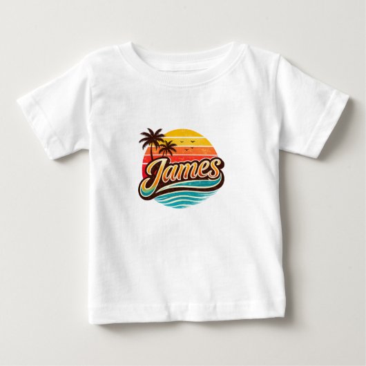 James Retro Sunset Tropical Name Design ベビーTシャツ (正面)