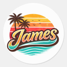 James Retro Sunset Tropical Name Design ラウンドシール