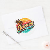 James Retro Sunset Tropical Name Design ラウンドシール (封筒)