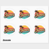 James Retro Sunset Tropical Name Design ラウンドシール (シート)