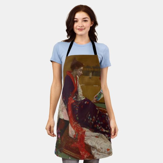 James Whistler – 紫と金ゴールドのカプリス エプロン (着用した状態)