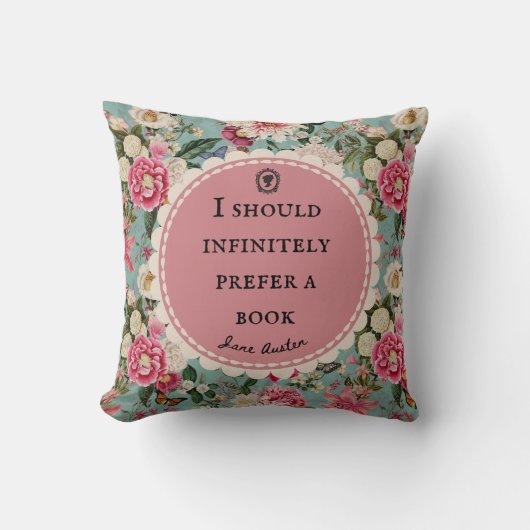 Jane Austen Quote Throw Cushion Vintage Flowers クッション (正面)