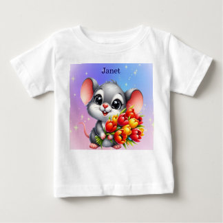 Janet's Cute Mouse with Tulips Baby T-Shirt ベビーTシャツ
