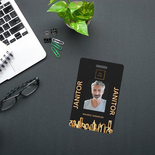 Janitor写真ブラック金ゴールドロゴ都市スカイライン バッジ