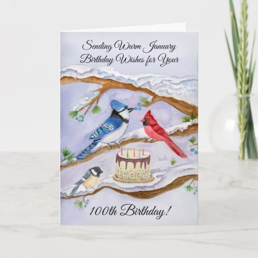 January 100th Birthday Backyard Birds Watercolor カード (正面)