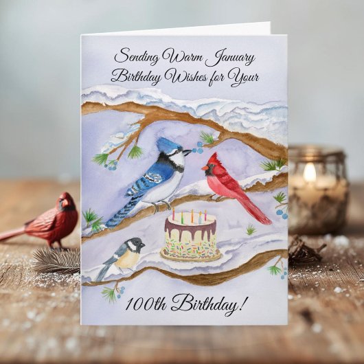 January 100th Birthday Backyard Birds Watercolor カード