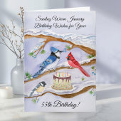 January 55th Birthday Backyard Birds Watercolor カード