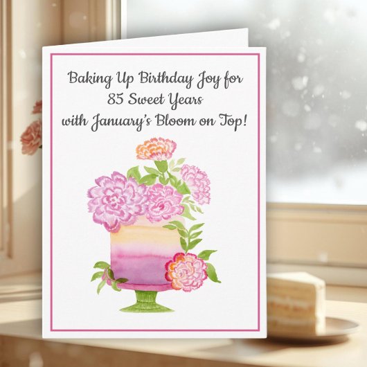 January 85th Birthday Cake Purple Carnations カード