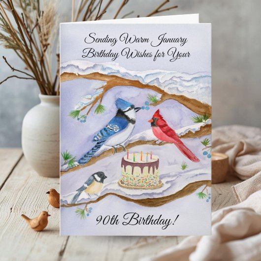 January 90th Birthday Backyard Birds Watercolor カード